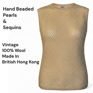 Vintage Hand Beaded Pearl Sequin Wool Top Gold Size 40 Hong Kong